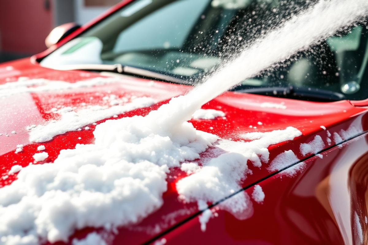 Snow foam being applied to a red car