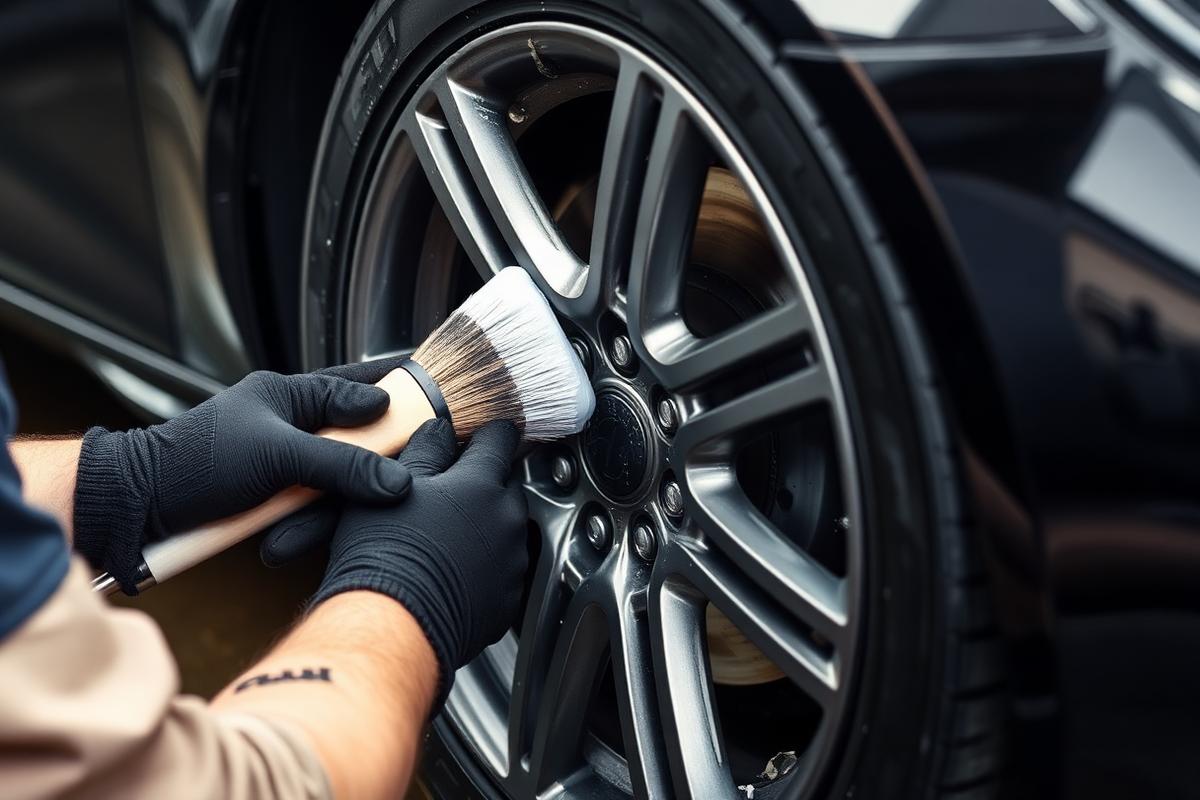 Detailer cleaning a black sedan's alloy wheel